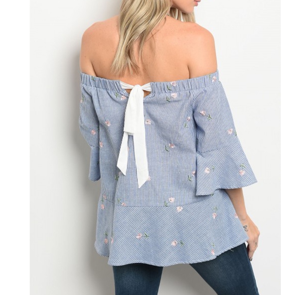 Off Shoulder Stripe and Floral Bell Sleeve - Picture 2 of 5
